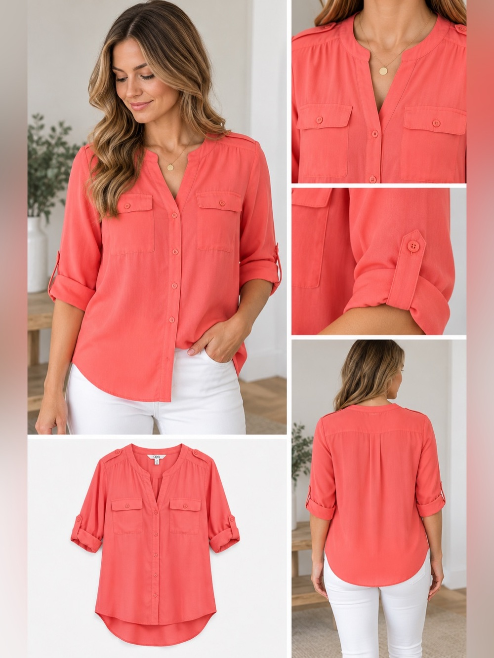 Q&A Coral Button Front Blouse with Roll-Tab Sleeves